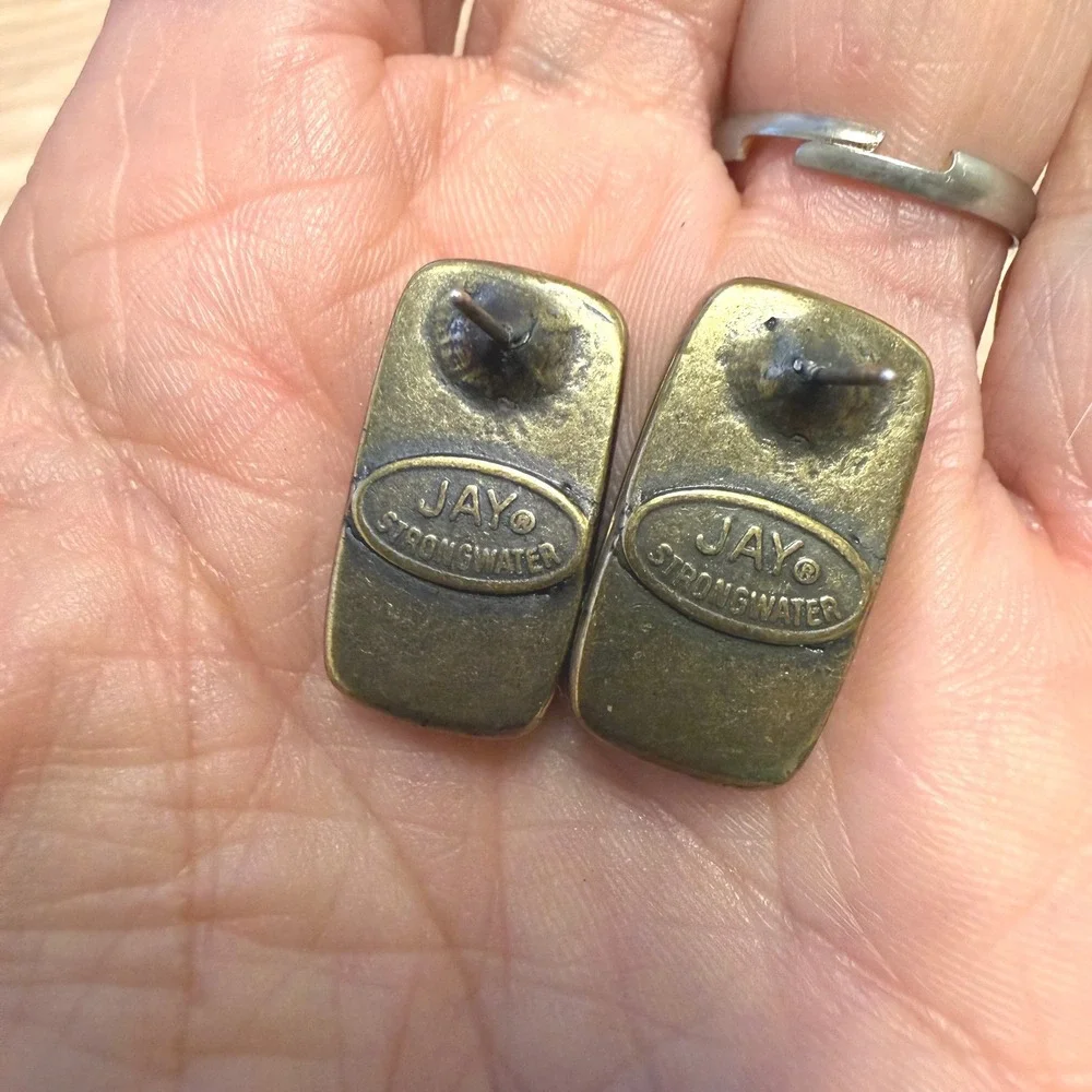 Jay Strongwater Vintage Rectangular Wood Inlay Stud Earrings Antique Brass Tone